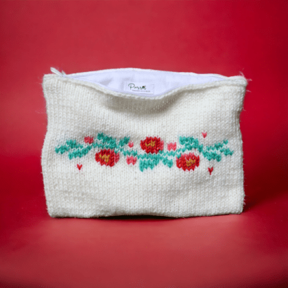 Pochette tricotée à la main - Fleurs rouges - Pierrot Créations