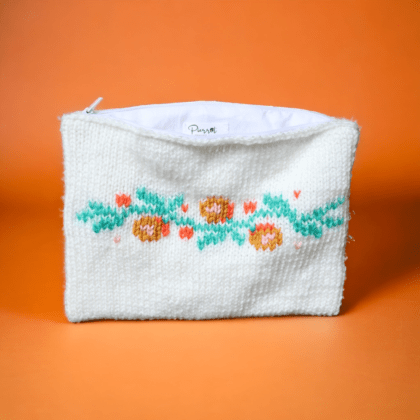 Pochette tricotée à la main - Fleurs oranges - Pierrot Créations